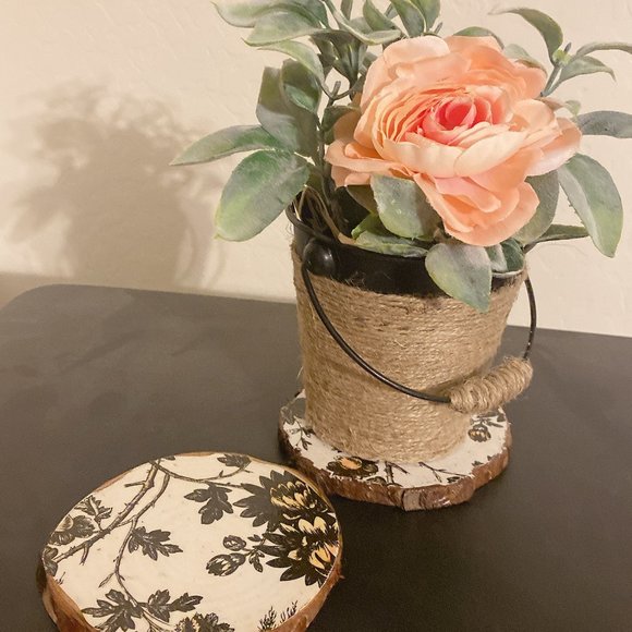 Faux Flower in Bucket with Matching Coasters